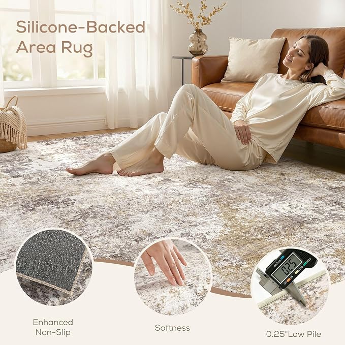 Nakagishi 3x8 Abstract Washable Area Rugs for Entryway-Golden Brown | Modern Non-Slip Silicone Backing Low Pile Soft Carpet for Bedroom Dining Decor for Families with Kids and Pets