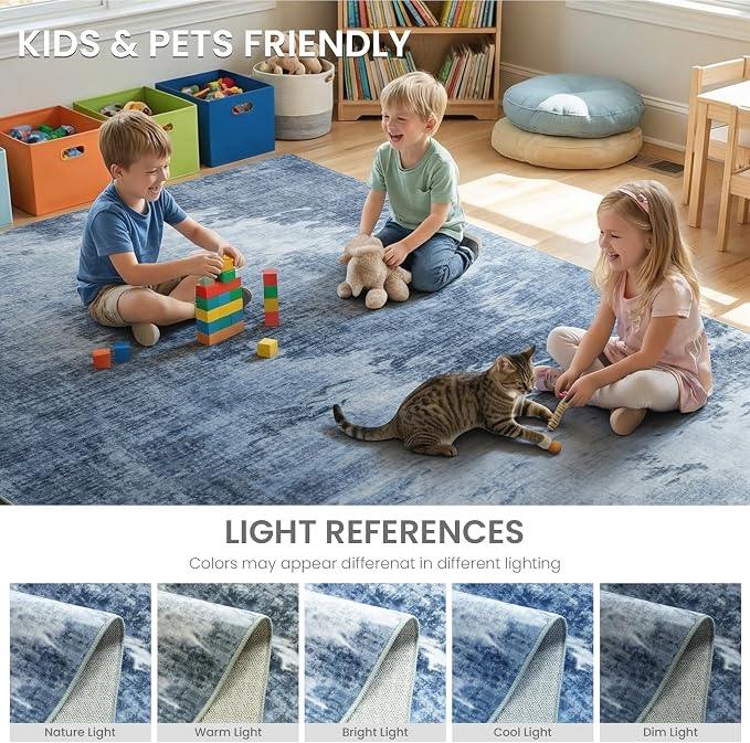 6x9 Modern Faded Gradient Abstract Washable Area Rug for Living Room | Soft Non-Slip Low Pile Bedroom Carpet, Stain Resistant Indoor Rugs for Mid-Century, Farmhouse, Coastal Home Decor, Blue