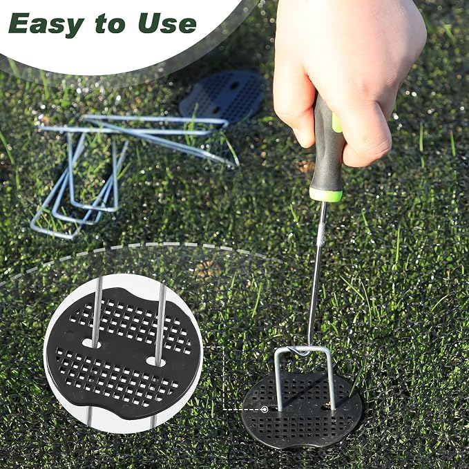 FEED GARDEN Landscape Staples 6 Inch 100 Pack Kit, Heavy Duty 11 Gauge Hot-Dip Galvanized Garden Stakes with 100 Gaskets & 1 Pick Hook for Weed Barrier, Landscape Fabric, Sod, Turf & Garden Edging