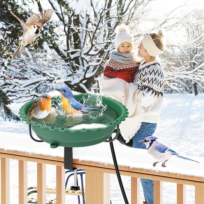 Heated Bird Bath for Outdoors, Upgraded 100W Thermostatically Controlled Heated Bird Baths for Deck Railing Large Capacity Heated Birdbath for Outside Winter Garden Yard Patio Lawn (Green)