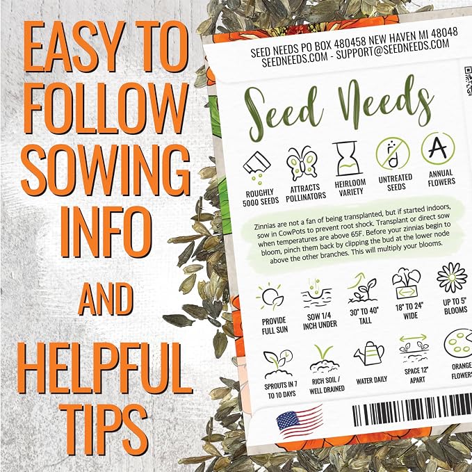 Seed Needs Zinnia Seeds Orange King Fast Blooming 5,000 Seeds Bulk Pack