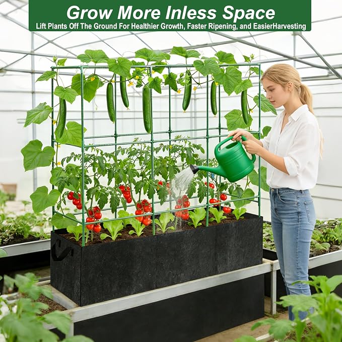 51x17x65Inch Tomato Cage for Garden - with 46 Gallon Grow Bags | Tomato Trellis for Raised Bed, Squar Garden Trellis for Climbing Plants Outdoor, for Cucumber, Vegetable, Pea, Grape, Vine