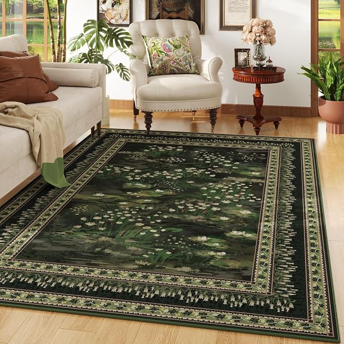 Rugcomf Area Rugs 8x10 Clearance Impressionist-Style Vintage Washable Area Rug Non Slip Low Pile Large Rug for Bedroom Farmhouse Dining Room Kids Playroom, Green