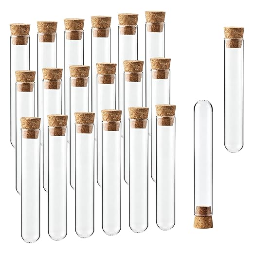 20pcs Glass Test Tubes, 25x150mm vol. 50ml (1.69oz), Borosilicate Glass Test Tube Set with Cork Stoppers, for Plants Lab Home Party Use, LVH009
