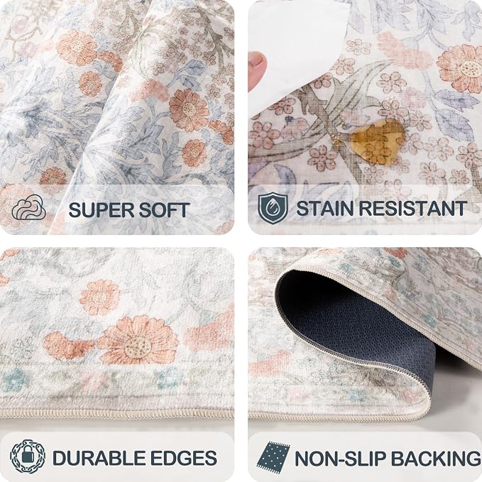 Washable 2'6" x 10' Runners for Hallways, Non Slip Long Floor Runner for Kitchen, Entryway Indoor, Stain Resistant Rubber Backing Floral Décor Rug (Beige Blue)