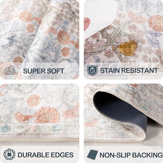 Washable 2'6" x 8' Runners for Hallways, Non Slip Long Floor Runner for Kitchen, Entryway Indoor, Stain Resistant Rubber Backing Floral Décor Rug (Beige Blue)