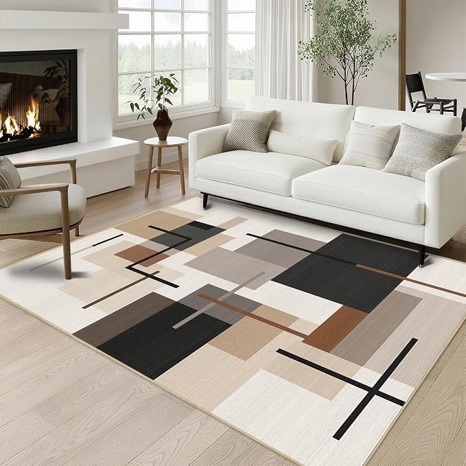 Geometric 3x5 Area Rug for Bedroom Neutral Abstract Mid Century Modern Rug Soft Washable Rugs Non Slip Low Pile Carpet for Nursery Home Office,Beige Brown Black