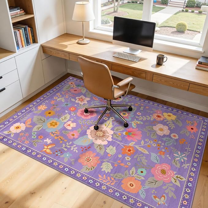 RELEANY Floral Washable 7x9 Area Rugs Purple/Pink | Flower Carpet, Print, Boho, Non-Slip, Easy to Clean, Soft, Low Pile for Living Room Bedroom Kitchen Office Entryway Hallway