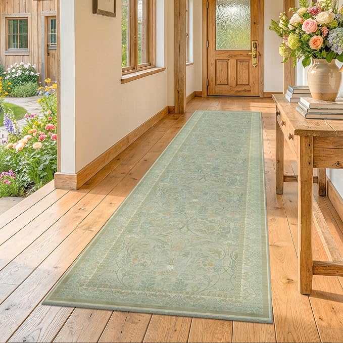 Cottagecore 2x10 Long Runner Rugs for Kitchen Hallway, Low Pile & Soft Forest Green Rug for Entry Door Mat, Floral Pattern Carpet with Non Slip Stain Resistant
