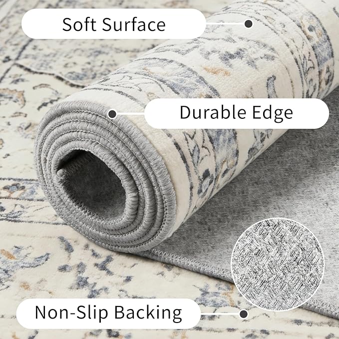 Vintage Washable Area Rug 9x12, Non-Slip Low-Pile Elegant Persian Carpet for Living Room Bedroom Dining Room, Stain Resistant Traditional Indoor Large Rug, Neutral Cream Blue