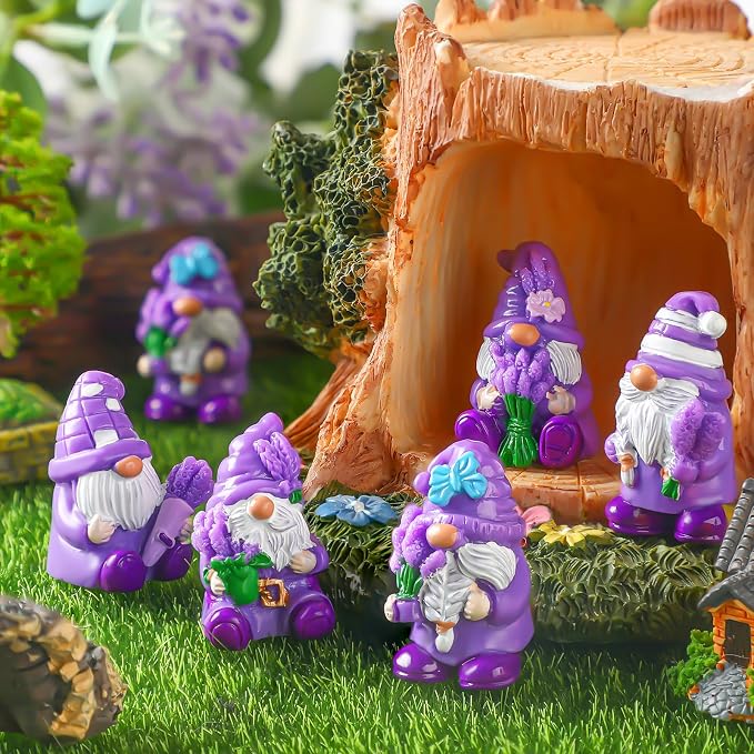 Yuntau 80 Pcs Lavender Mini Gnomes Bulk Lavender Mini Resin Gnomes Figurines Purple Miniature Resin Statues for Summer Birthday Gifts Home Yard Lawn Garden Landscape Patio Decor