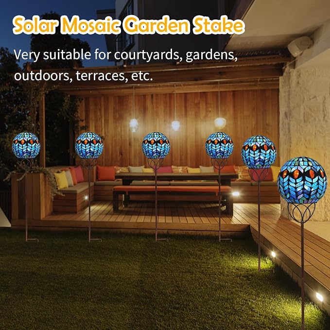 Solar Outdoor Decorative Light, Mosaic Ball Stake for Yard Decor, 6" | 6" Crackle Glass Sphere Mosaic Glass Ball Stake, Waterproof Design & Solar Lights for Lawn, Yard & Pathway Decor, Green
