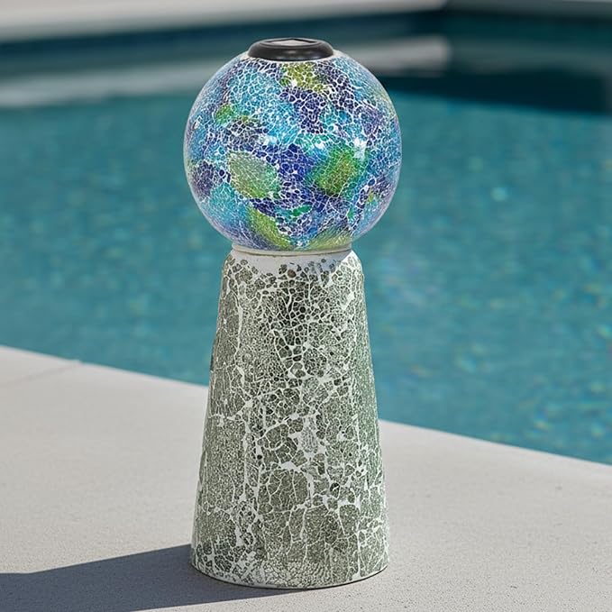 Sunnydaze Glass Gazing Ball Stand for Outdoors, Mirrored Diamond | Outdoor Mosaic Sphere Holder & Pedestal for Backyard or Patio Decoration, 11" Tall Gazing Globe Stand, Fits 10-12 in Balls