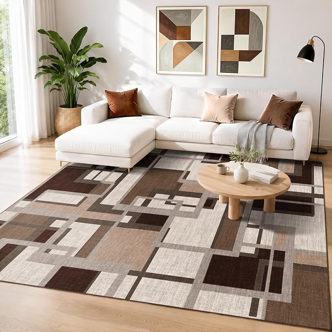 Modern Geometric 6x9 Area Rugs for Living Room, Coffee Brown Washable Rug | Abstract Patchwork Blocks Non-Slip Indoor Carpet for Bedroom Dining Room Office | Mocha Brown Chocolate Low-Pile Floor Rug