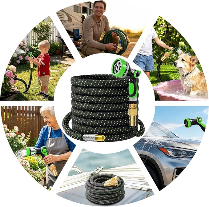 50FT Flexible Garden Hose & 10Modes Nozzle,Lightweight Water Hose,Kink-Free,All-Weather 3/4 in. NoneExpanding Hose for RV,Boat,Car Wash,Garden,Yard,Camper,Outdoor (Green-Black, 50Ft)