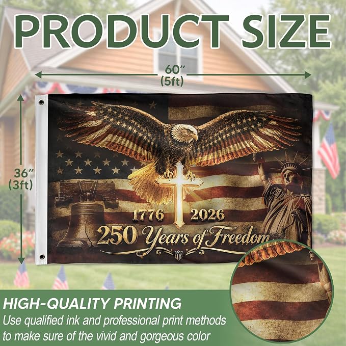 250 Anniversary Usa Flag With Brass Grommets, 4th Of July Decorations Outdoor, Front & Back Printed, Flags For Outside 3x5, American Flag With Eagle, 250th Anniversary Usa Commemorative Flags 5