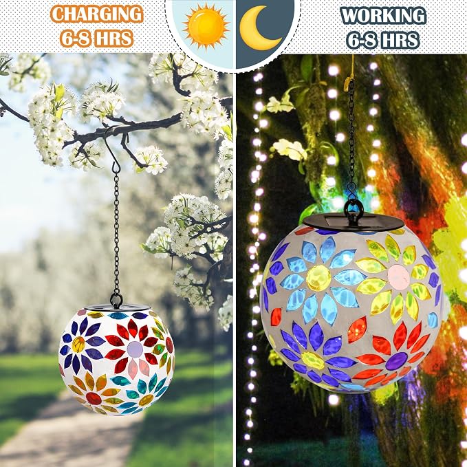 Mosaic Solar Lantern Outdoor Waterproof Glass Hanging Solar Lights, Multi | Solar Hanging Lantern IP44 Waterproof Mosaic Gazing Ball with White LED Lights, Metal Hanging Chain, Outdoor Pathway Decor