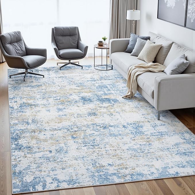 6x9 Area Rugs for Living Room: Washable Soft Blue White Abstract Carpet | Non-Slip TPE & Stain Resistant,0.25" Low-Pile,Kids Pet Friendly Modern Decor for Dining Room Farmhouse Office, Non-Shedding