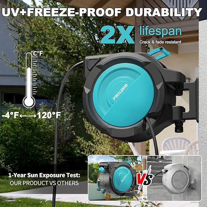 5/8" 110FT Retractable Garden Hose Reel-Heavy Duty Automatic Wall Mounted Hose Reel with 2026 Upgraded UV Resistant, 3/4" Brass Fitting, 10 Pattern Nozzle, 180° Swivel&Any Length Lock Slow Retraction