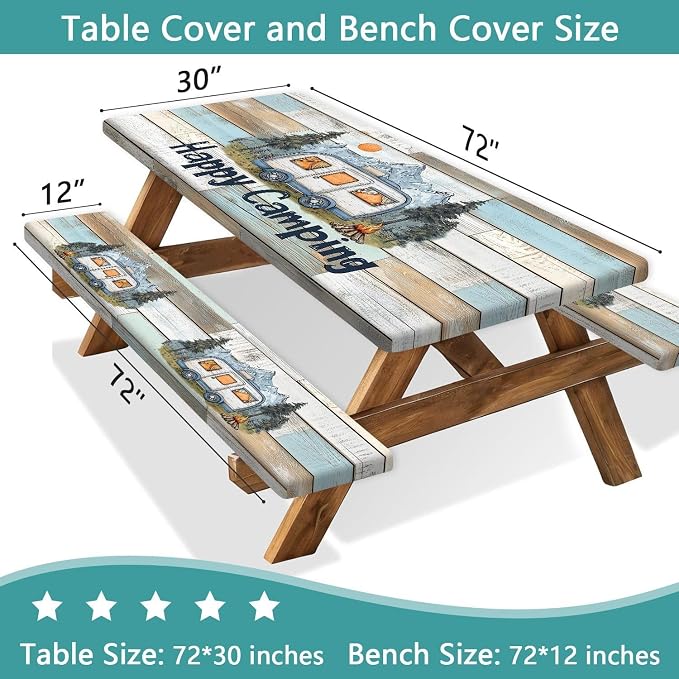 Wooden Camper Picnic Table and Bench Cover, Camping Table Cover with Drawstring Bag, Waterproof Windproof Outdoor Elastic Tablecloth, Fitted Rectangle Tables and Seats 3 Pieces Set, 30x60 Inch