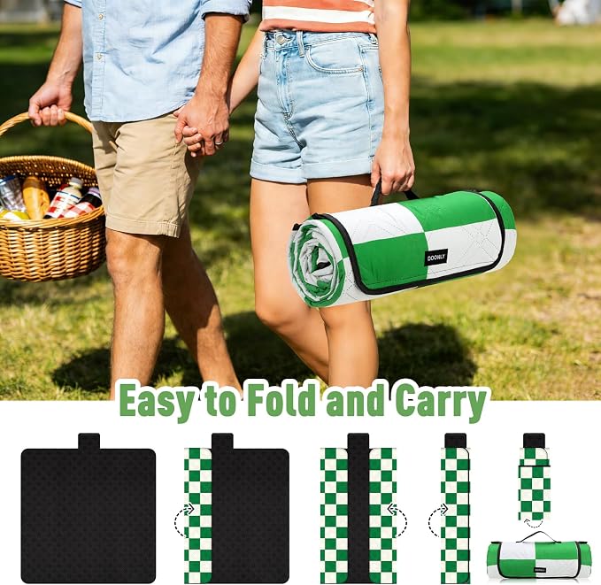 Doonly Picnic Blanket, Large Waterproof Sandproof Beach Blanket, Foldable Outdoor Blanket Gingham Picnic Mat for Beach, Camping, Park, Grass, Lawn, Travel (Green)