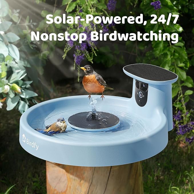 Birdfy Smart Bird Bath with Camera Solar Powered & Fountain, Dual-Lens Camera for Wildbird Watching, Auto Capture Bird Videos & Motion Detection - AI by Subscription (Blue)