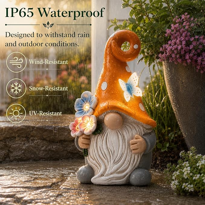 Solar Garden Gnome Statue: Outdoor Figurine with Flower Light | IP65 Waterproof Resin, LED Lighted Butterfly, Yard Lawn Porch Balcony Patio Home Decor, Gifts for Mom Women Grandma