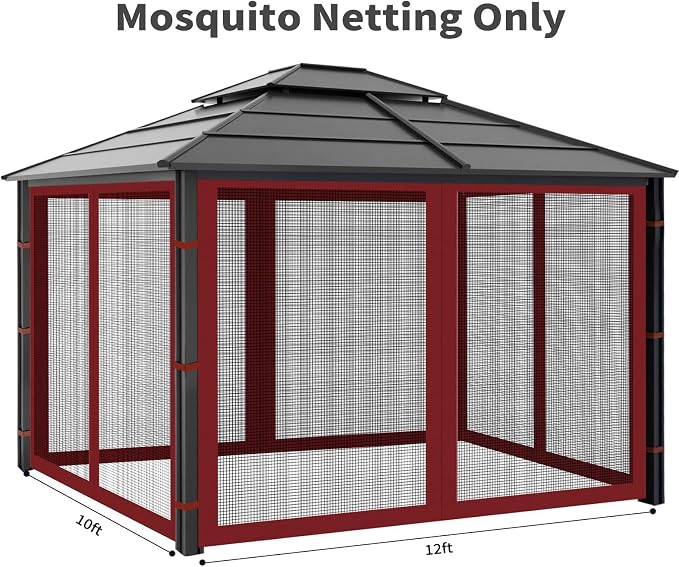 Gazebo Replacement Mosquito Netting Outdoor Universal Gazebo Canopy 4-Panels Screen Sidewalls with Zipper for Patio Garden (Red, 10x12)