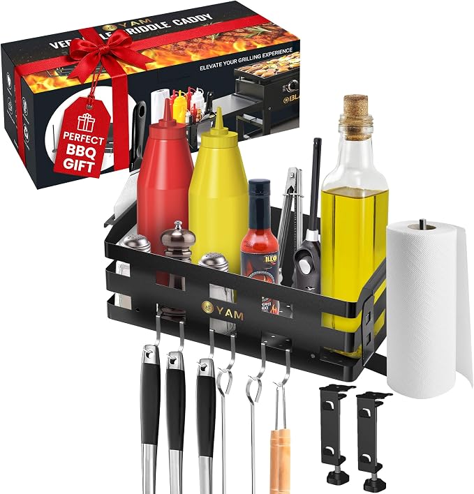 Griddle Caddy for Blackstone 28"/36" Griddles –Large BBQ Organizer with 6 J-Hooks, Paper Towel Holder, Ample Storage for Condiments & Tools – for Outdoor Cooking, Camping, and Grilling Essentials