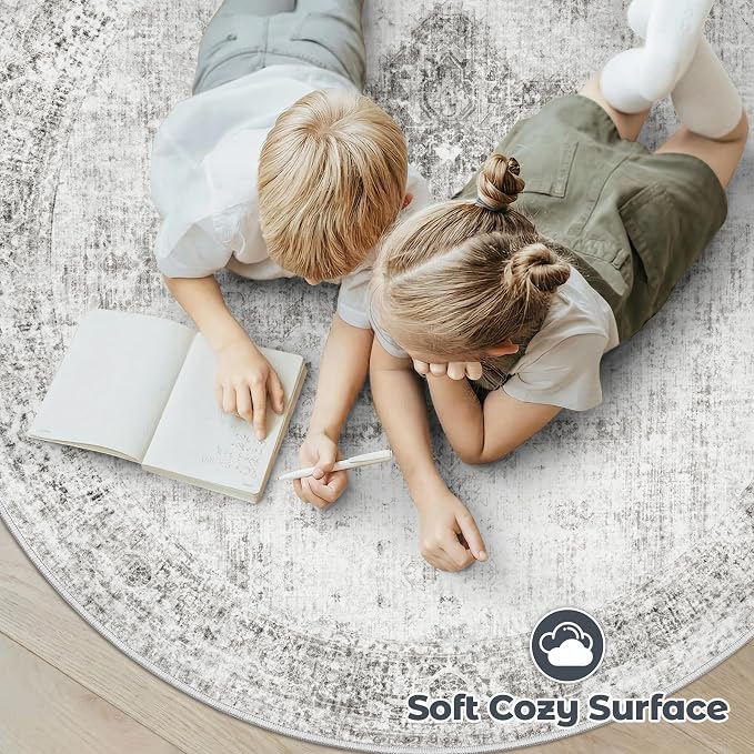 Round Rugs 6ft Washable Rug, Vintage Boho Medallion Rugs Non-Slip Soft Low Pile Circle Distressed Rug Indoor Retro Carpet for Living Room Bedroom Dining Room Home Office (Grey, 6' Round)