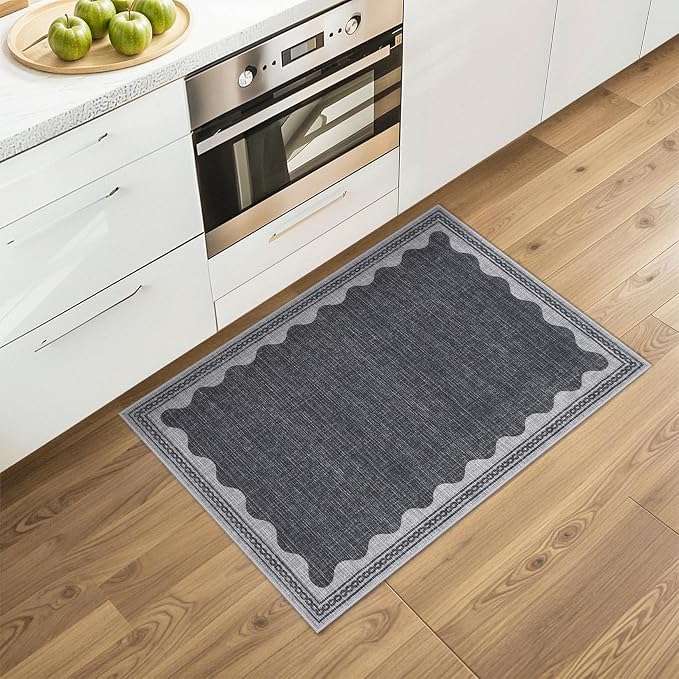 2x3 Scalloped Area Rugs Grey Washable Entryway Bedroom Rug | Solid Small Area Rug Non Slip Scalloped Bath Mat, Front Door Mat Indoor Entrance,Soft Girls Nursery Dorm Carpet for Kitchen