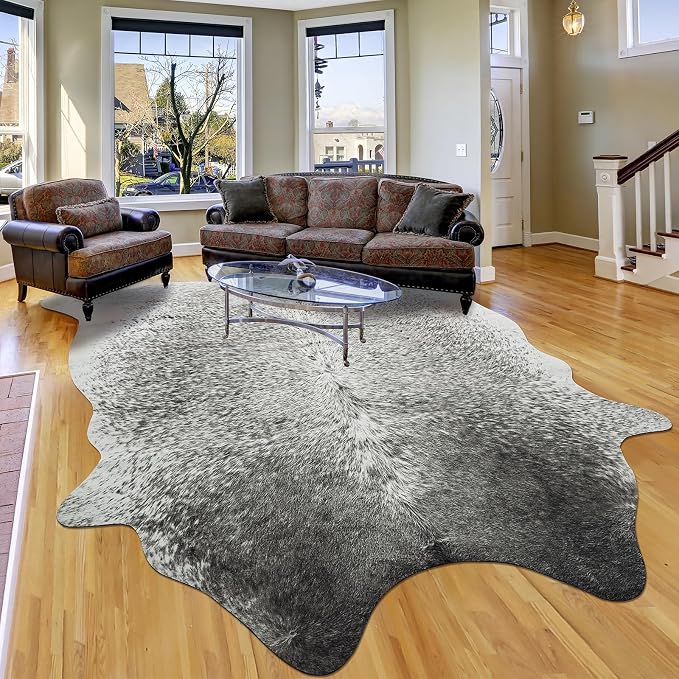 Large Washable Faux Cowhide Rug 6x7 Grey, Modern Farmhouse Animal Skin Area Rugs, Non Slip Cow Print Carpet for Large Living Room Bedroom Office, Vintage Aesthetic Floor Mat