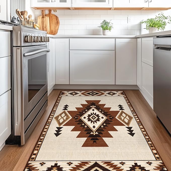 Western Rug 4x6 Area Rug for Living Room Southwestern Aztec Rugs | Machine Washable Southwest Tribal Navajo Rugs Low Pile Non-Slip Beige Floor Carpet for Dining Room Bedroom Kitchen Office