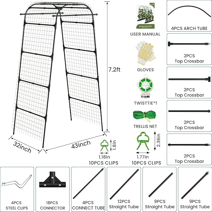 Heavy Duty Garden Arch Trellis for Climbing Plants, 20mm Thick Rustproof Metal Frame, Easy Assembly No Tools, 7.2ft Tall Vine Support with Netting & Gloves for Cucumbers Beans Roses