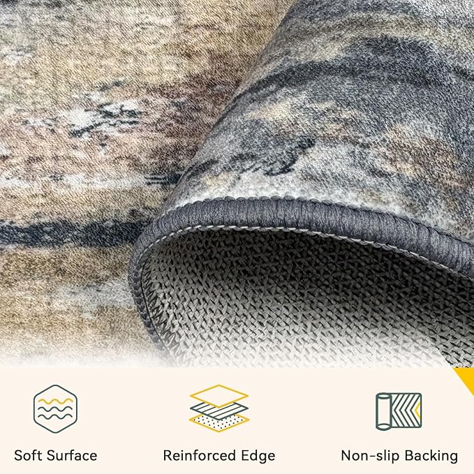 RELEANY Washable 6'x9' Abstract Area Rug for Living Room Ash Brown | Carpet for Bedroom, Kitchen, Office, Hallway and Entryway, Printed Pattern, Non‑Slip, Soft, Stain‑Resistant, Easy to Clean