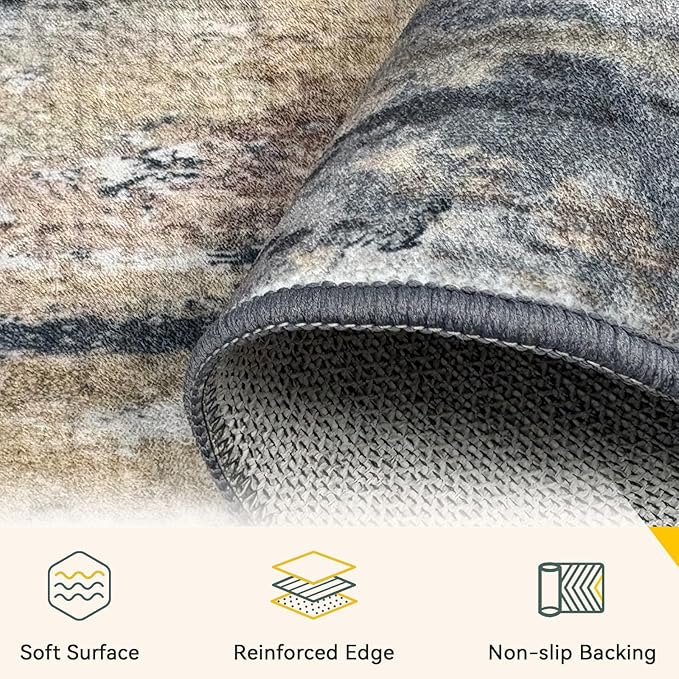 RELEANY Washable 5'x7' Abstract Area Rug for Living Room Ash Brown | Carpet for Bedroom, Kitchen, Office, Hallway and Entryway, Printed Pattern, Non‑Slip, Soft, Stain‑Resistant, Easy to Clean