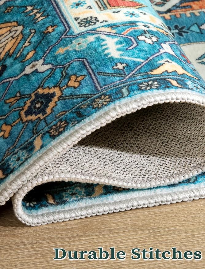 SERISSA 2'6"x18' Washable Non Slip Boho Runner Rug for Hallway，Blue | Ultra Soft Vintage Oriental Carpet Low-Pile Tribal Floor Carpet for Kitchen Bedroom Entryway Bathroom Laundry Room