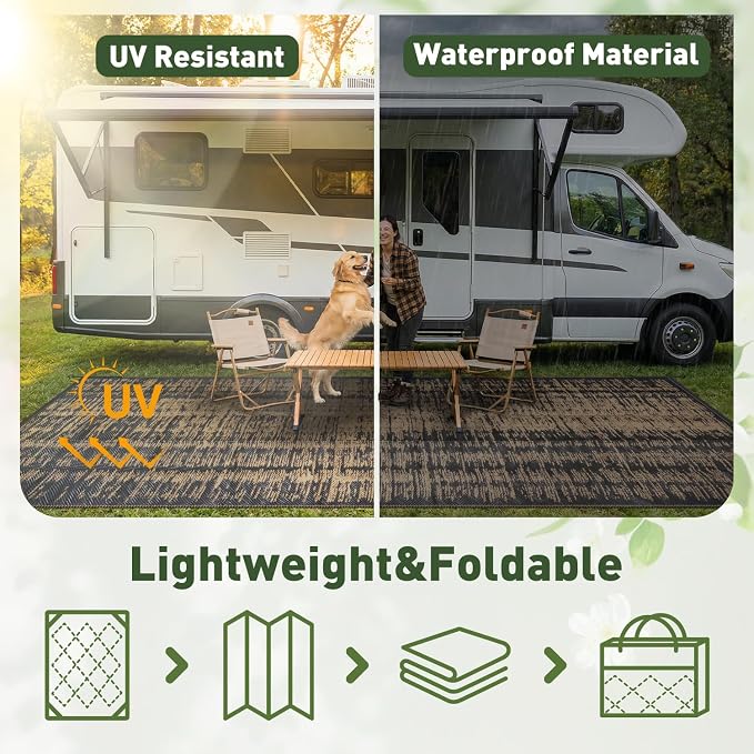 MontVoo Outdoor Rug Waterproof 8x10 ft Outdoor Carpet Patio Rug Mat Reversible RV Camping Rug Plastic Straw Outside Rug for Balcony Porch Deck Picnic Beach Modern Black Brown