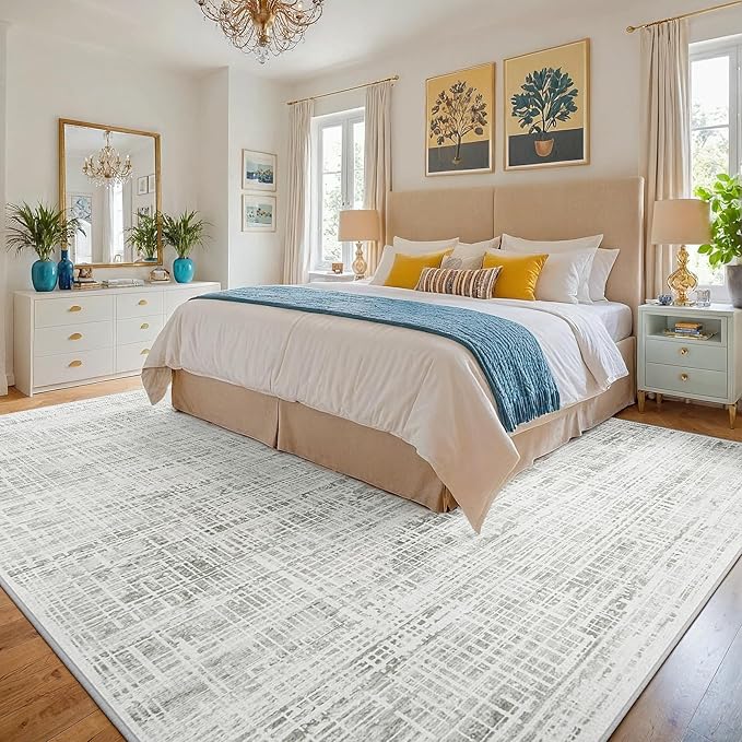 9x12 Washable Area Rug for Living Room Bedroom: Non-Slip Modern White Gray | Machine Washable TPR Backing, Stain-Resistant Low Pile, Pet & Kid Friendly, Abstract Decor for Dining Room, Dorm, Home Office