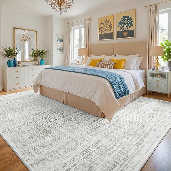 10x12 Washable Area Rug for Living Room Bedroom: Non-Slip Modern White Gray | Machine Washable TPR Backing, Stain-Resistant Low Pile, Pet & Kid Friendly, Abstract Decor for Dining Room, Dorm, Home Office