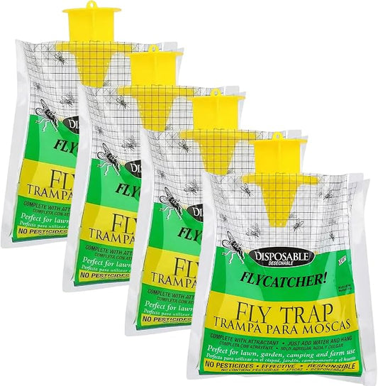 Fly Traps Outdoor Hanging, Natural Pre-Baited Bug Catcher Bags, Non-Toxic Flying Insect Killer for Outside Home, Patio, Trash Can, Horse Stables, Farm, Pastures, Backyard & Camping,4 Pack
