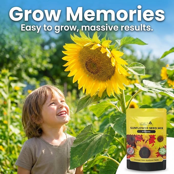 NatureZ Edge 1300+ Sunflower Seeds Garden Variety Pack, Bulk Sunflower Seeds for Planting Flowers, Get More Sunflower Seeds to Plant, Mammoth, Dwarf, Lemon Queen, Giant and More. 2oz Packet