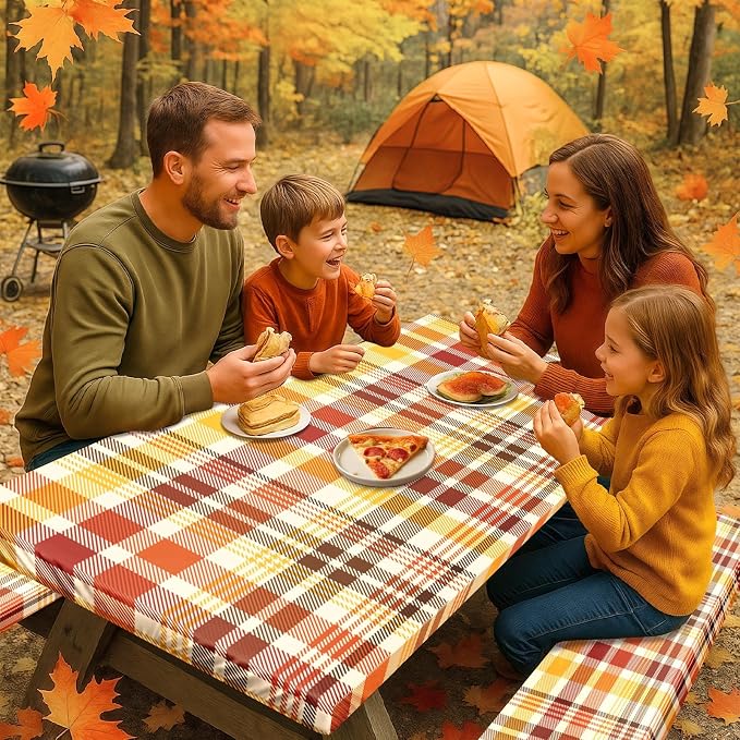 Picnic Table Cover with Bench Covers Elastic Edges, Fall Autumn Fitted Table Cover, Outdoor Patio Camping Essentials 72 Inch 3PCS, Waterproof Camping Fitted Tablecloth with Drawstring Bag