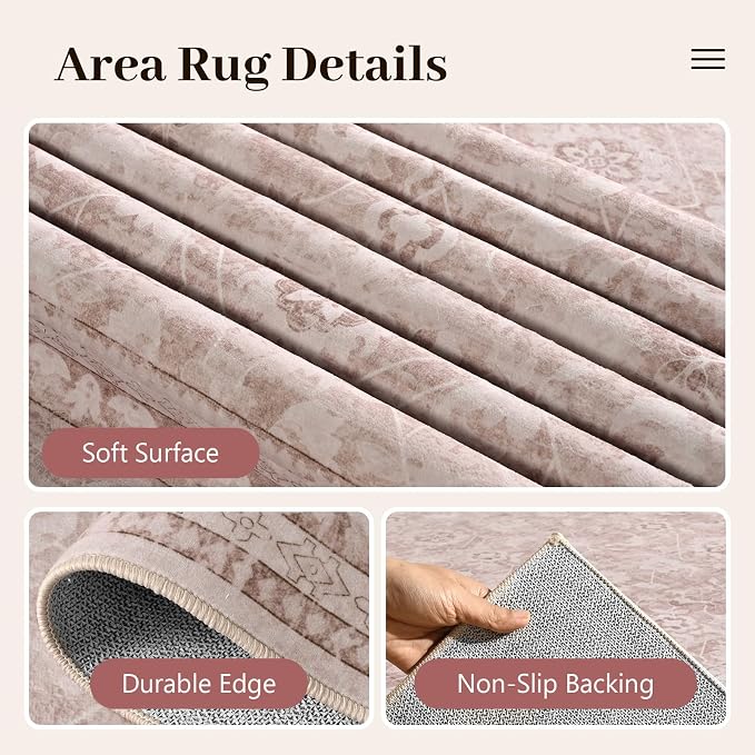 8x10 Ft Large Area Rugs for Living Room, Soft Non-Slip Machine Washable Rug, Vintage Stain Resistant Carpets for Bedroom Nursery Dining Room Home Decor (Grey Pink)