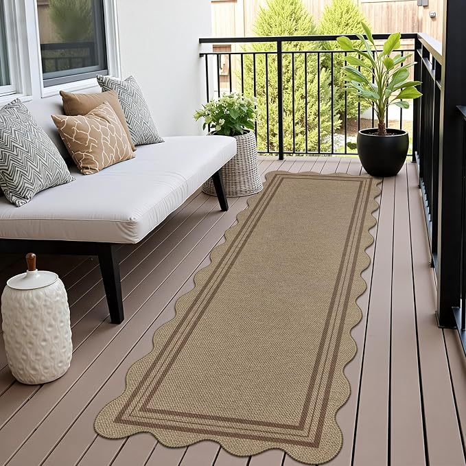Scalloped Easy Jute 2.6x8 Kitchen Runner Rug, Washable Rugs for Entryway Non Slip Outdoor Indoor Long Rug, Farmhouse Morden Carpet for Hallway Bedroom