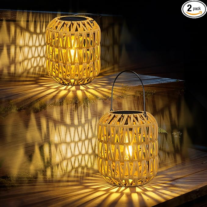 2 Pack Solar Lanterns Outdoor Waterproof,Rattan Solar Lantern for Yard,Outdoor Garden Lights,Hanging Lanterns Decorative Birthday Gifts for Mom Grandma,Outdoor Lanterns for Porch,Patio,Pathway