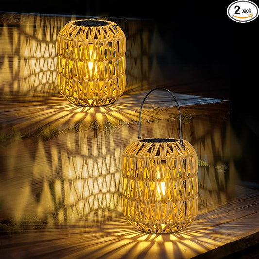 2 Pack Solar Lanterns Outdoor Waterproof,Rattan Solar Lantern for Yard,Outdoor Garden Lights,Hanging Lanterns Decorative Birthday Gifts for Mom Grandma,Outdoor Lanterns for Porch,Patio,Pathway