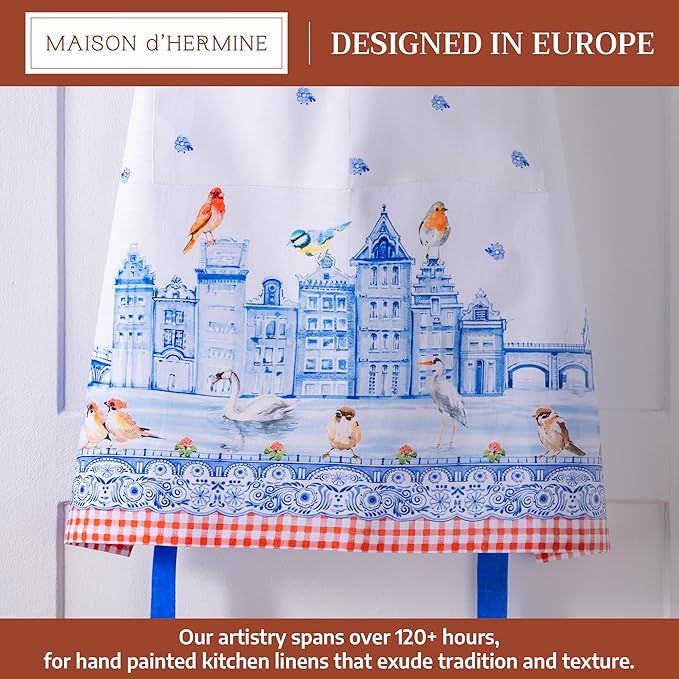 Maison d' Hermine Aprons for women with Pocket 100% Cotton (27.50"x31.50") | Adjustable Neck Strap & long ties Apron Men Chef Wedding Cooking Gardening Server Maid