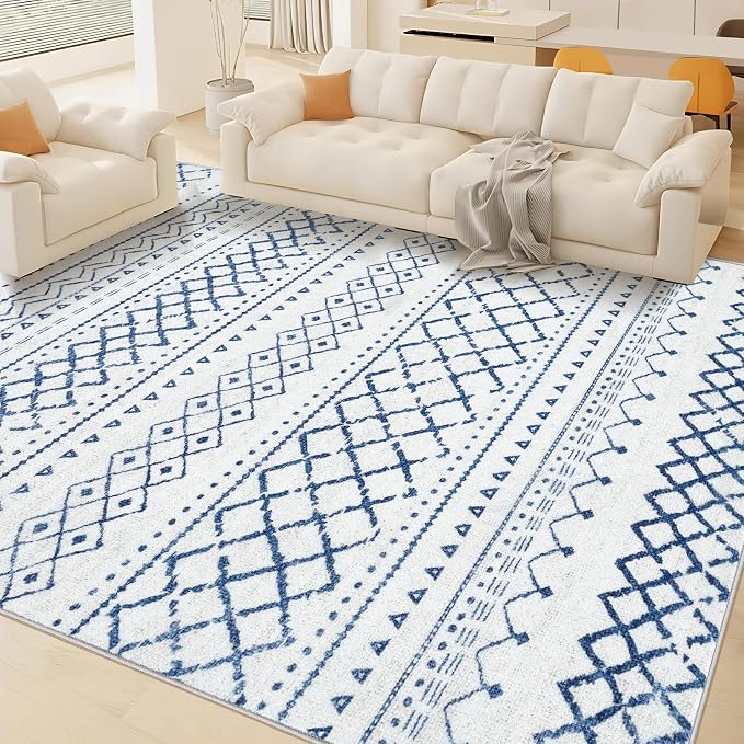 Area Rug for Living Room 6x9: Large Washable Boho Moroccan Rugs Geometric Neutral Rug, Non-Slip Foldable Morden Farmhouse Indoor Floor Carpet for Bedroom Dining Table Home(Blue,6'X9')