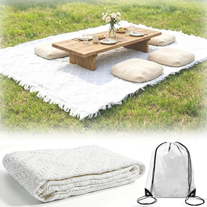 91'' x 71''Extra Large Outdoor Boho Picnic Blanket,Woven Cotton Yarn Blanket with Fringe for Boho Decor Camping Lawn Wedding Photoshoot Beach Park Grass (White)